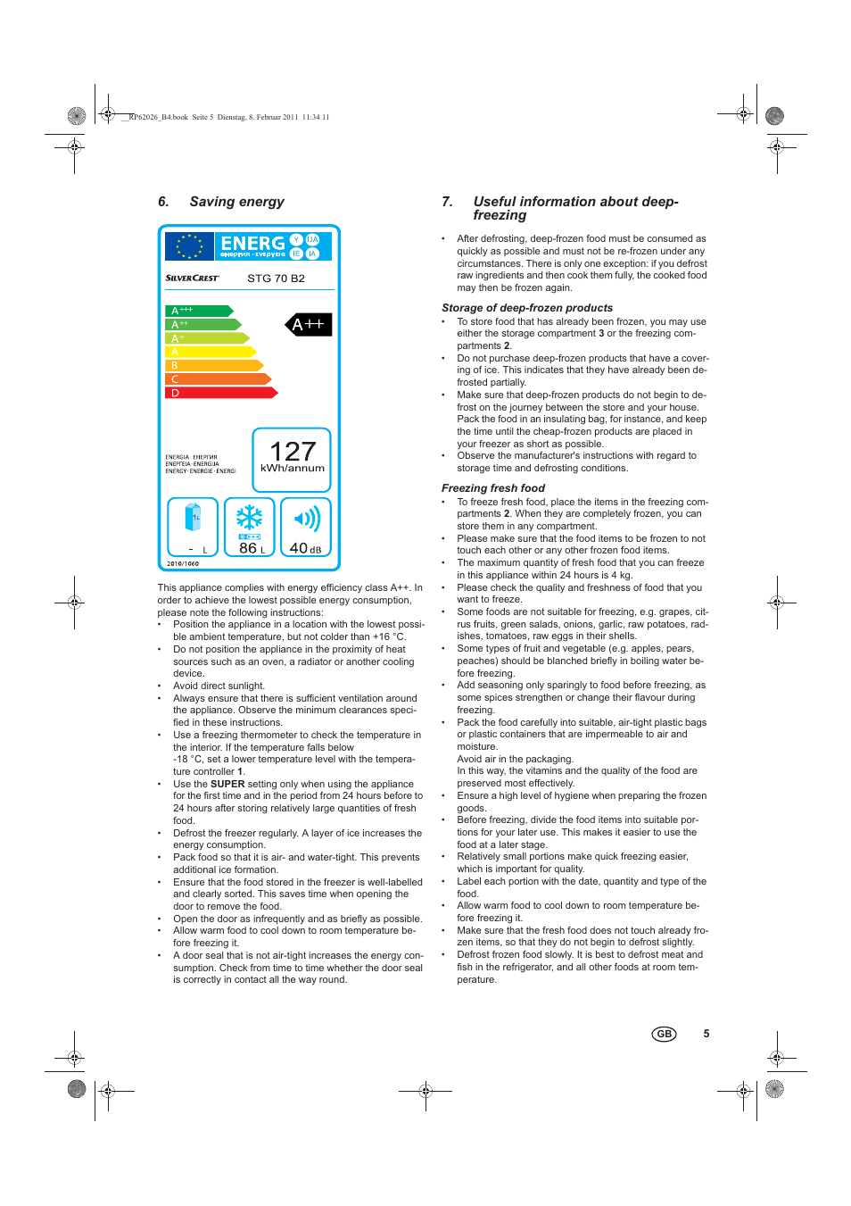 Saving energy, Useful information about deep- freezing | Silvercrest STG 70 B2 User Manual | Page 7 / 62