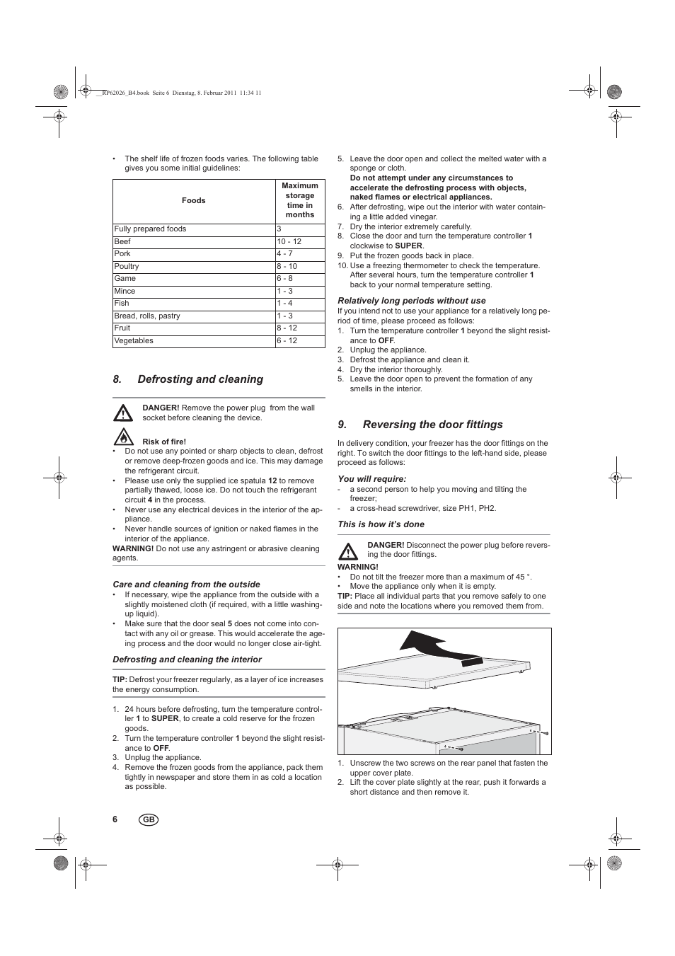 Defrosting and cleaning, Reversing the door fittings | Silvercrest STG 70 B2 User Manual | Page 8 / 62