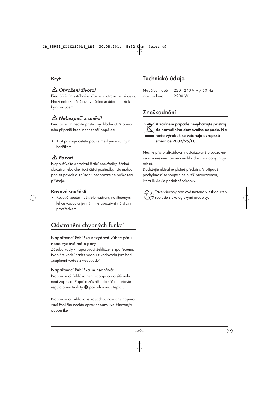 Odstranění chybných funkcí, Technické údaje, Zneškodnění | Silvercrest SDBK 2200 A1 User Manual | Page 51 / 72