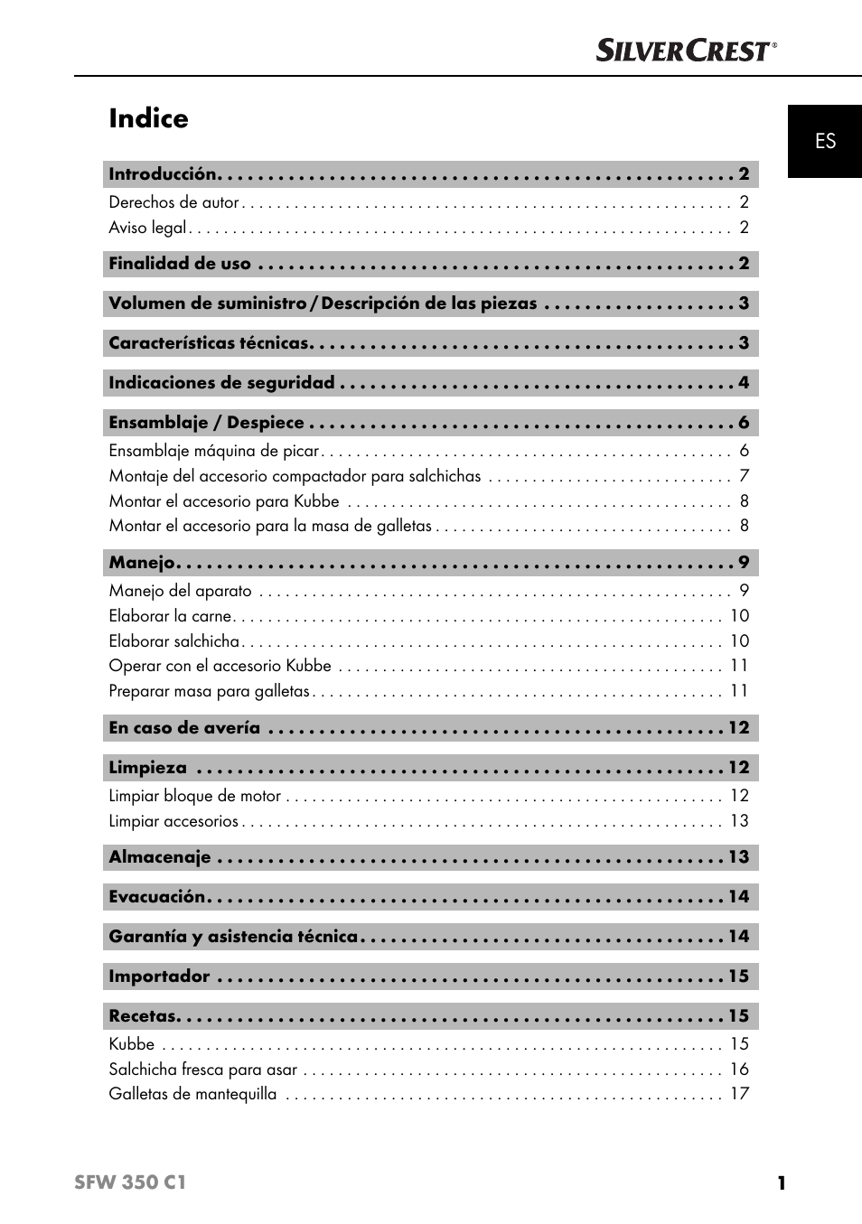 Indice | Silvercrest SFW 350 C1 User Manual | Page 4 / 93
