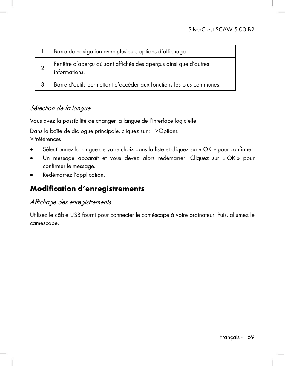 Modification d’enregistrements, Sélection de la langue, Affichage des enregistrements | Silvercrest SCAW 5.00 B2 User Manual | Page 171 / 364