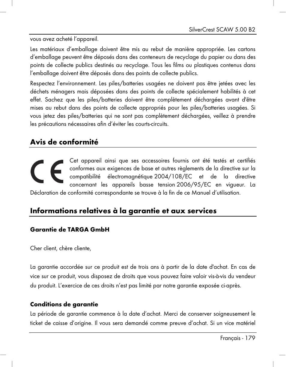 Avis de conformité | Silvercrest SCAW 5.00 B2 User Manual | Page 181 / 364