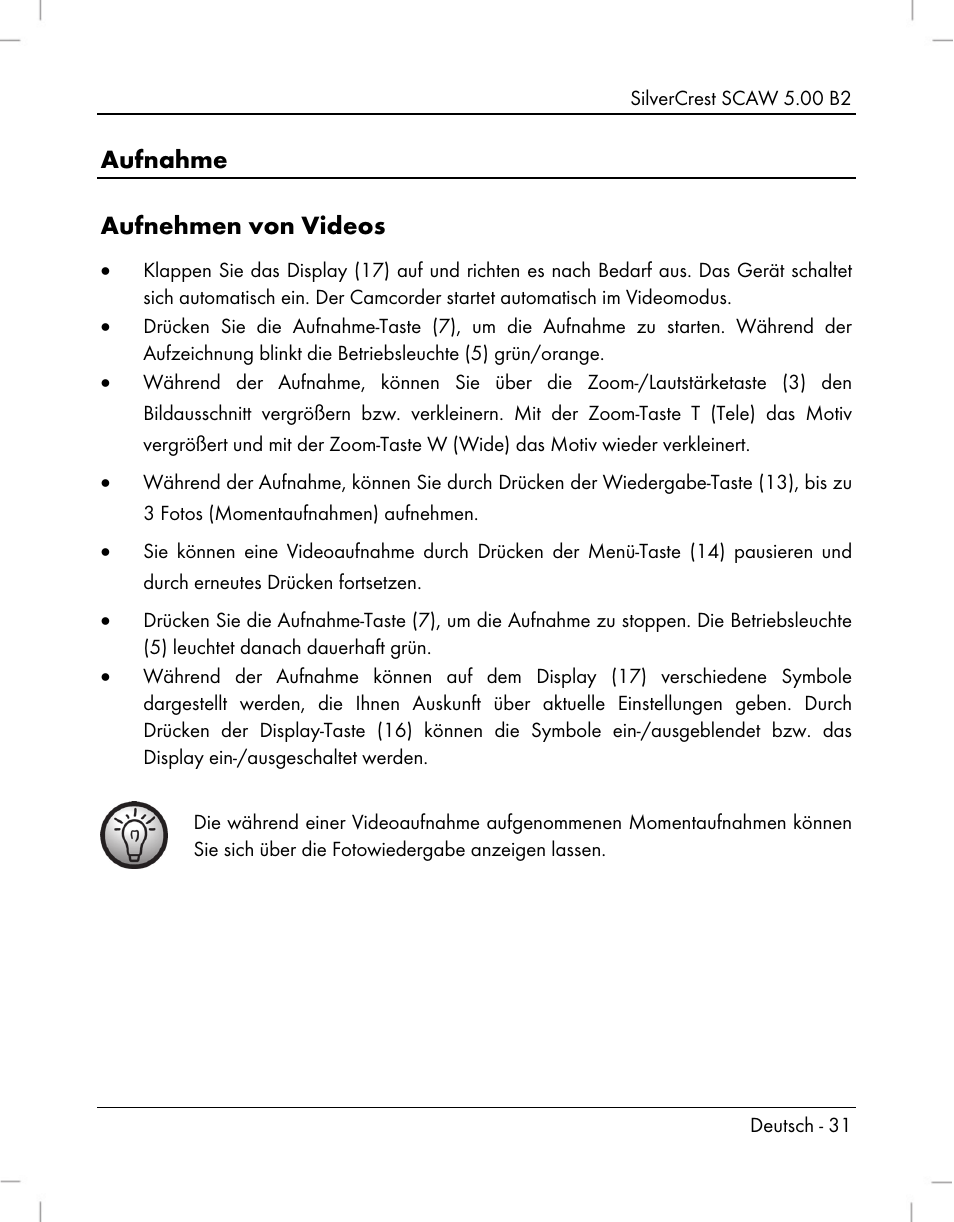 Aufnahme aufnehmen von videos | Silvercrest SCAW 5.00 B2 User Manual | Page 33 / 364