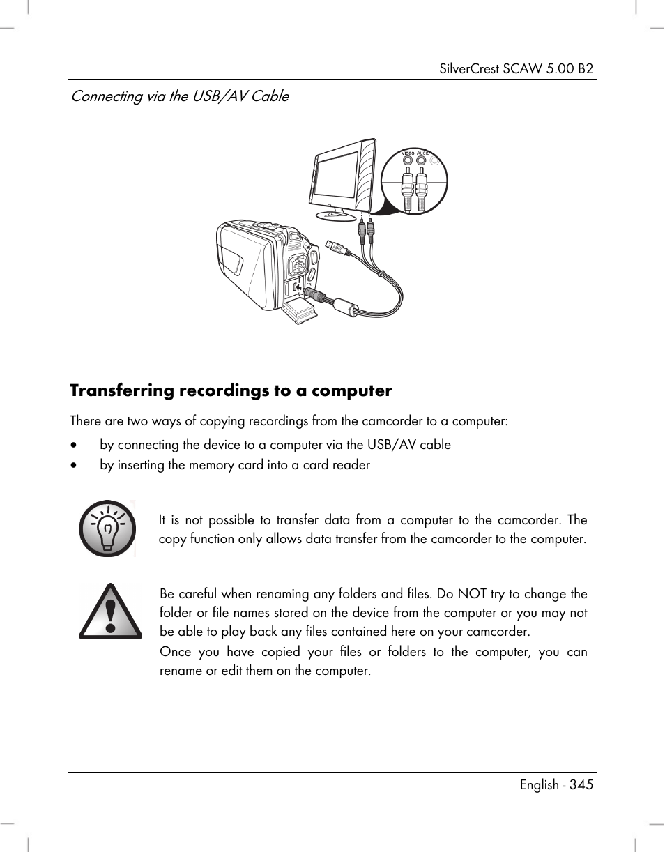 Transferring recordings to a computer, Connecting via the usb/av cable | Silvercrest SCAW 5.00 B2 User Manual | Page 347 / 364