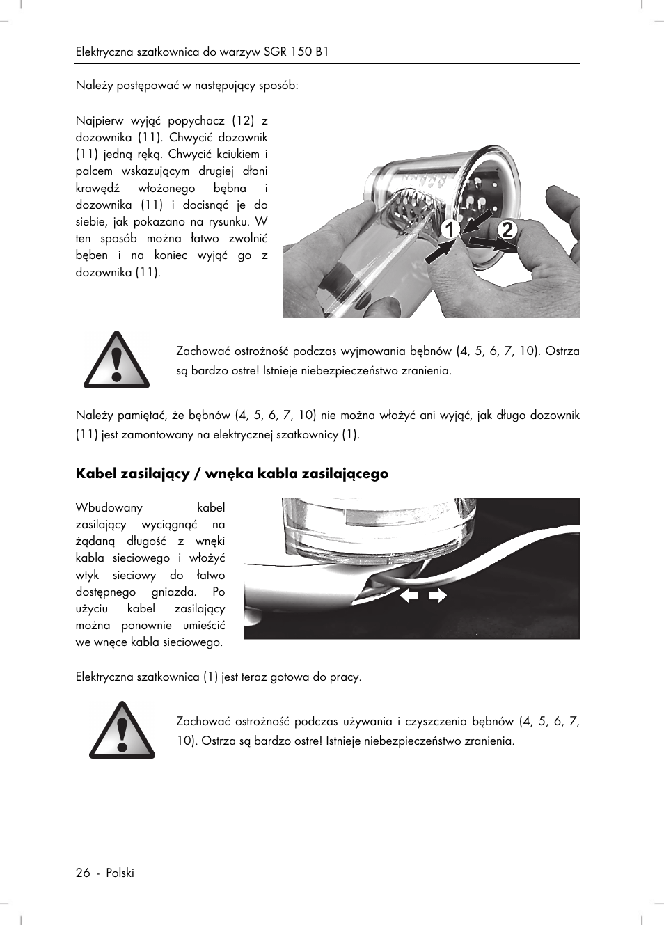 Kabel zasilający / wnęka kabla zasilającego | Silvercrest SGR 150 B1 User Manual | Page 28 / 122
