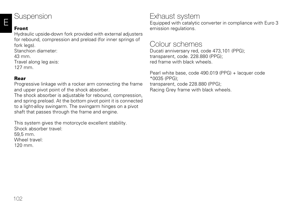 Suspension, Exhaust system, Colour schemes | Ducati 848 User Manual | Page 103 / 122