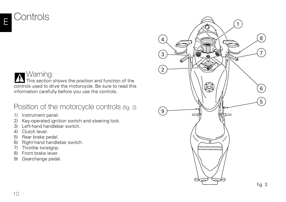 Controls, Warning, Position of the motorcycle controls | Ducati 848 User Manual | Page 11 / 122