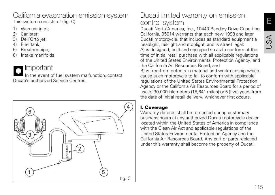 California evaporation emission system, Important, Ducati limited warranty on emission control system | Ducati 848 User Manual | Page 116 / 122