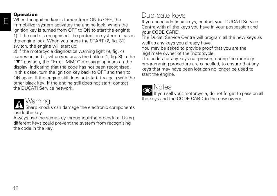Warning, Duplicate keys | Ducati 848 User Manual | Page 43 / 122