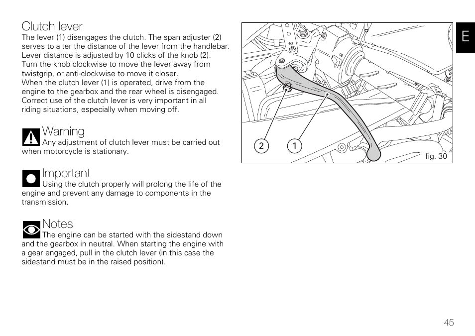 Clutch lever, Warning, Important | Ducati 848 User Manual | Page 46 / 122