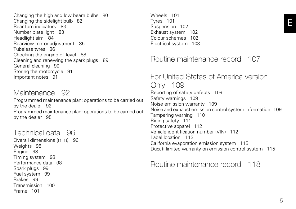 Maintenance 92, Technical data 96, Routine maintenance record 118 | Ducati 848 User Manual | Page 6 / 122