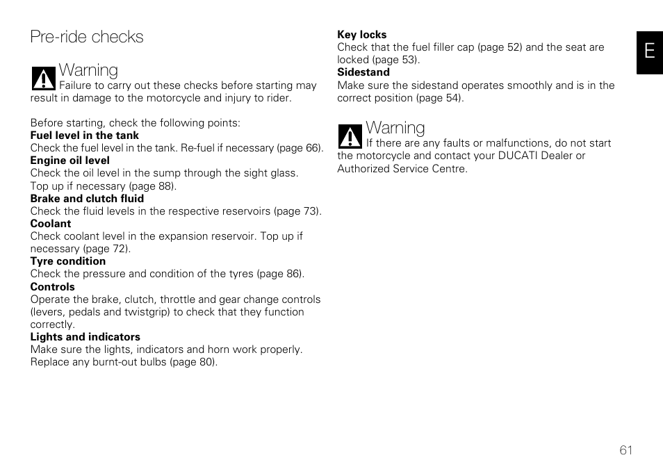 Pre-ride checks warning, Warning | Ducati 848 User Manual | Page 62 / 122