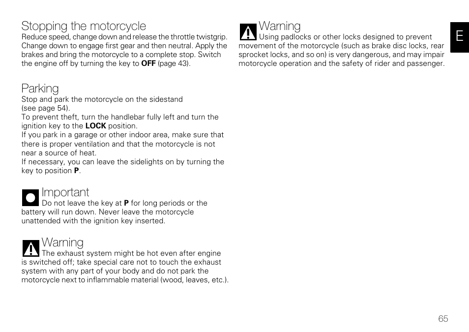 Stopping the motorcycle, Parking, Important | Warning | Ducati 848 User Manual | Page 66 / 122