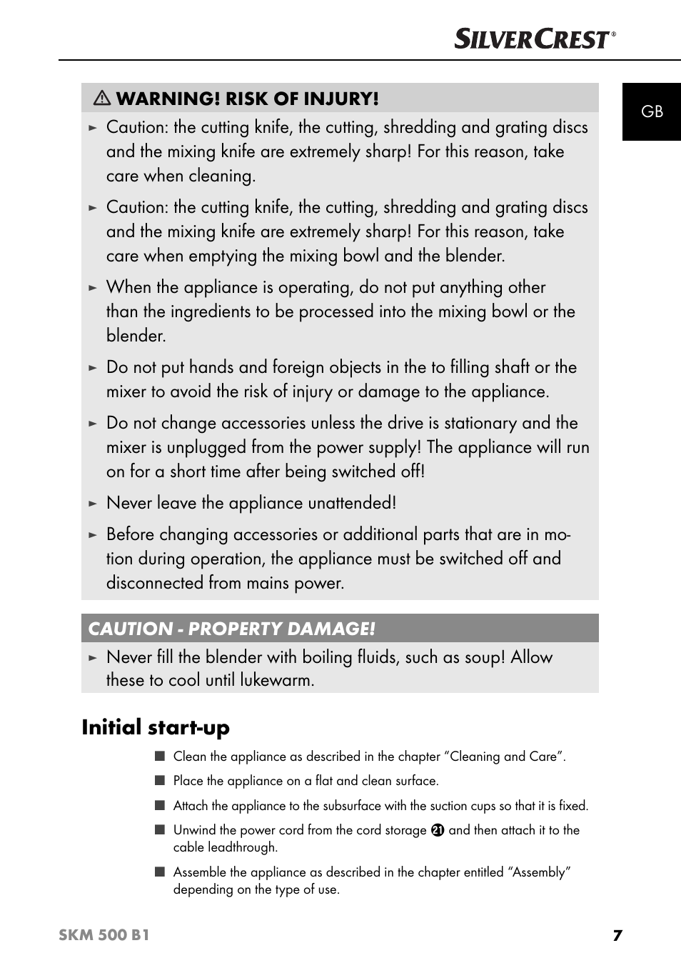 Initial start-up, Warning! risk of injury, Never leave the appliance unattended | Silvercrest SKM 500 B1 User Manual | Page 10 / 193