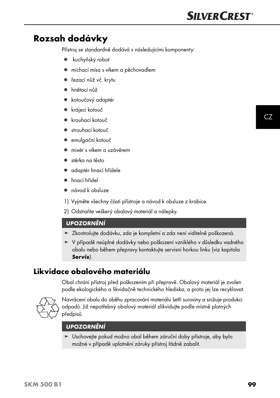 Rozsah dodávky, Likvidace obalového materiálu | Silvercrest SKM 500 B1 User Manual | Page 102 / 193