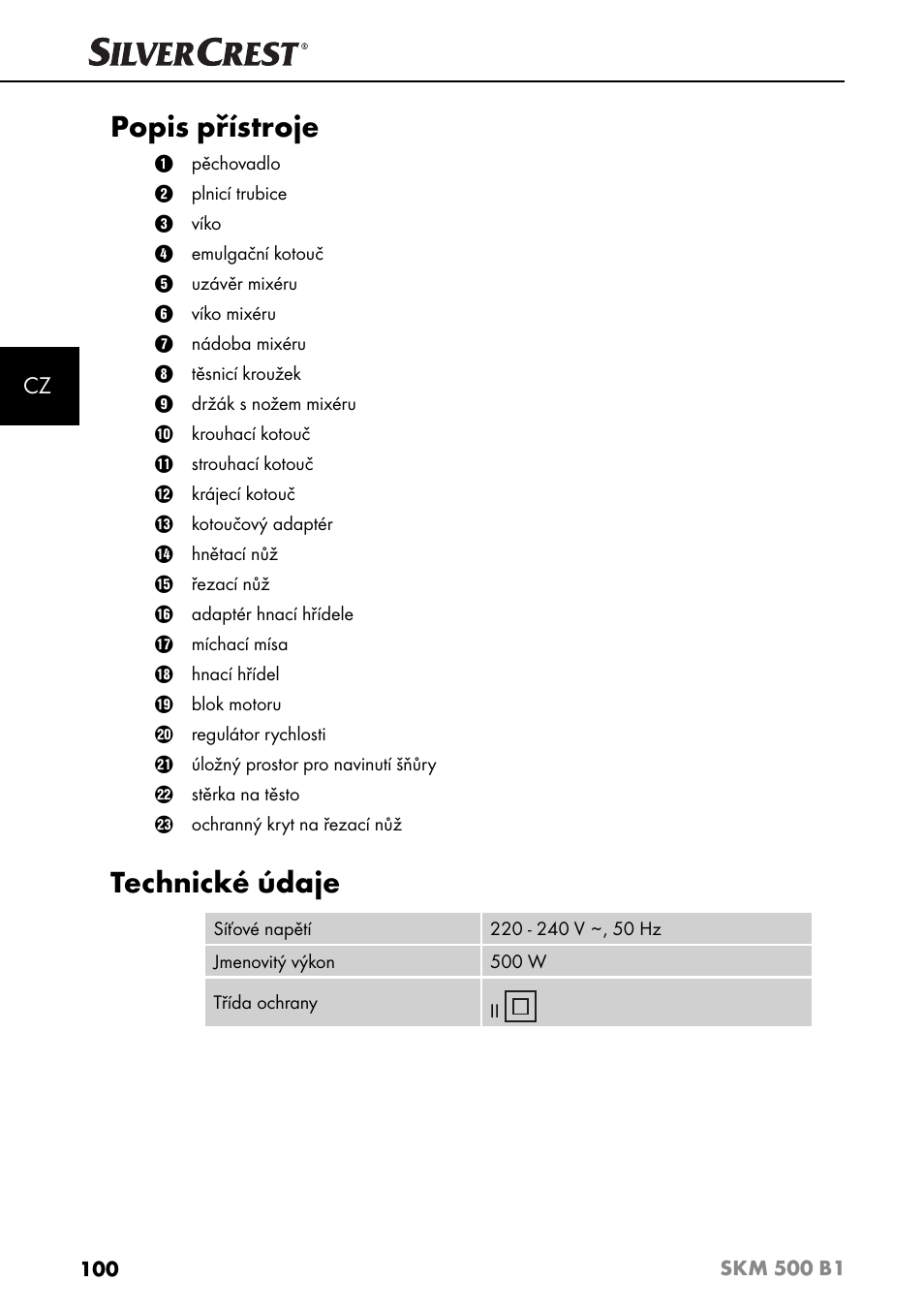 Popis přístroje, Technické údaje | Silvercrest SKM 500 B1 User Manual | Page 103 / 193