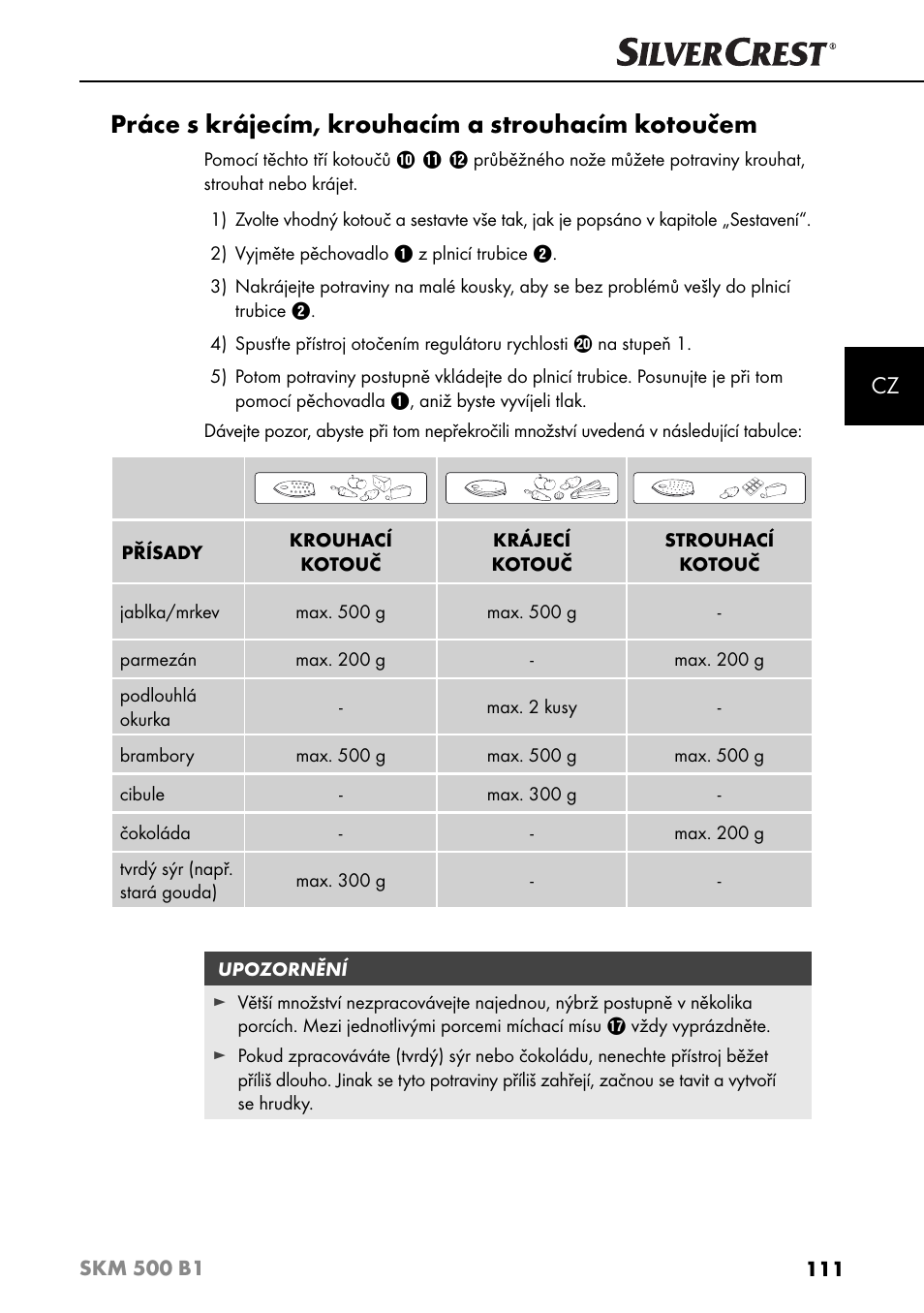 Práce s krájecím, krouhacím a strouhacím kotoučem | Silvercrest SKM 500 B1 User Manual | Page 114 / 193