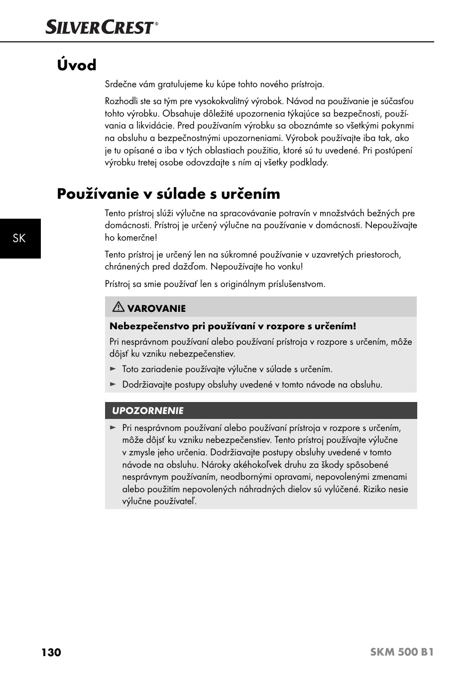Úvod, Používanie v súlade s určením | Silvercrest SKM 500 B1 User Manual | Page 133 / 193