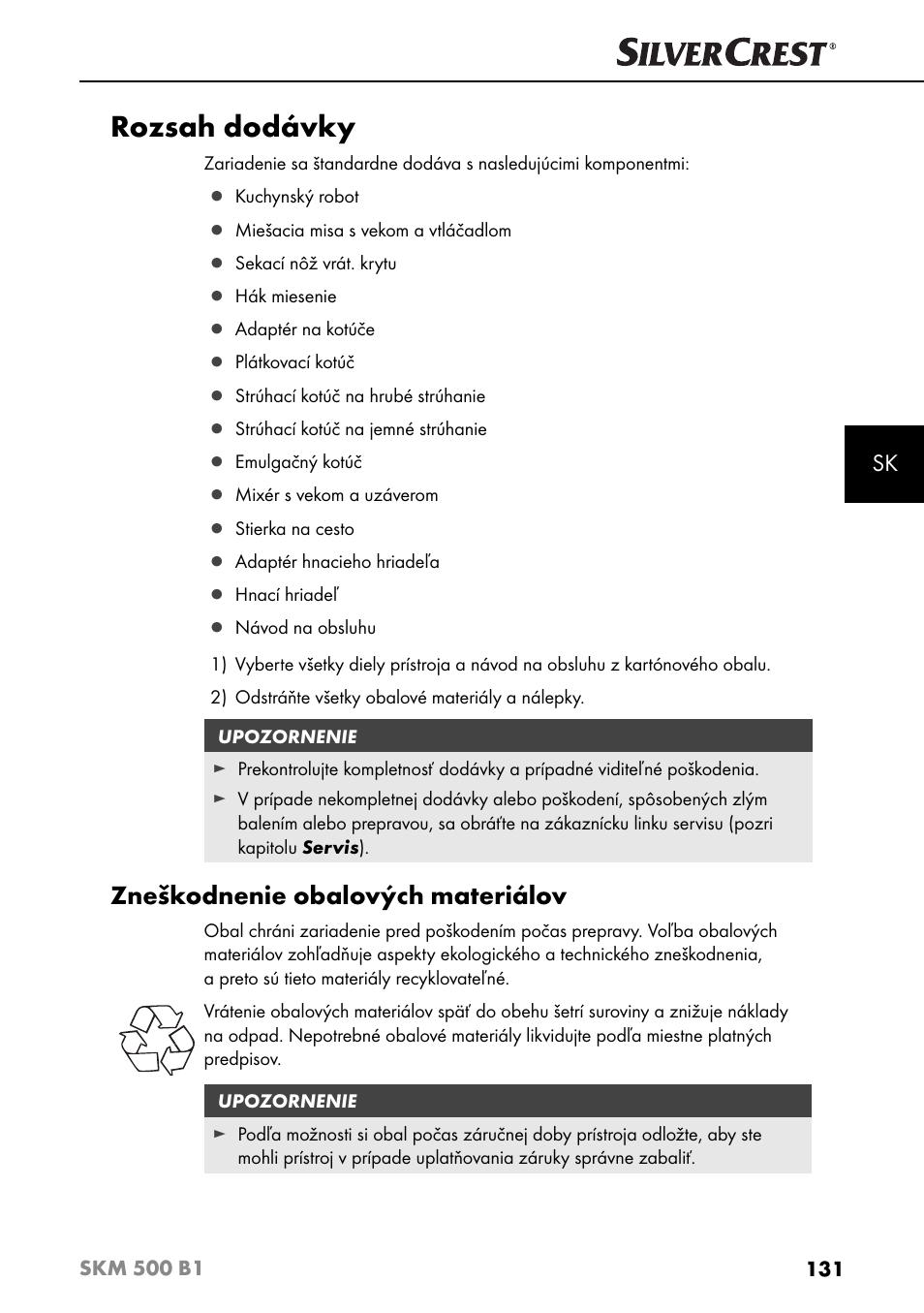 Rozsah dodávky, Zneškodnenie obalových materiálov | Silvercrest SKM 500 B1 User Manual | Page 134 / 193