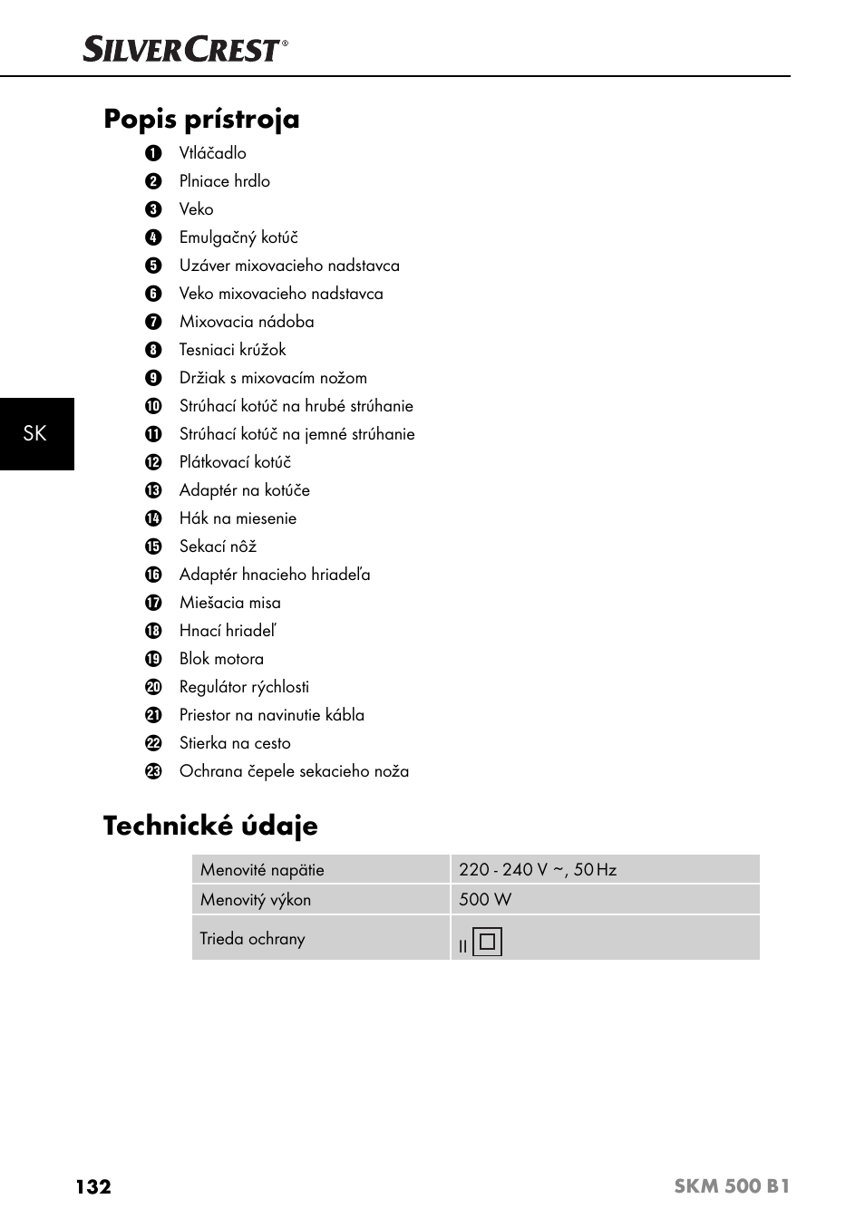 Popis prístroja, Technické údaje | Silvercrest SKM 500 B1 User Manual | Page 135 / 193