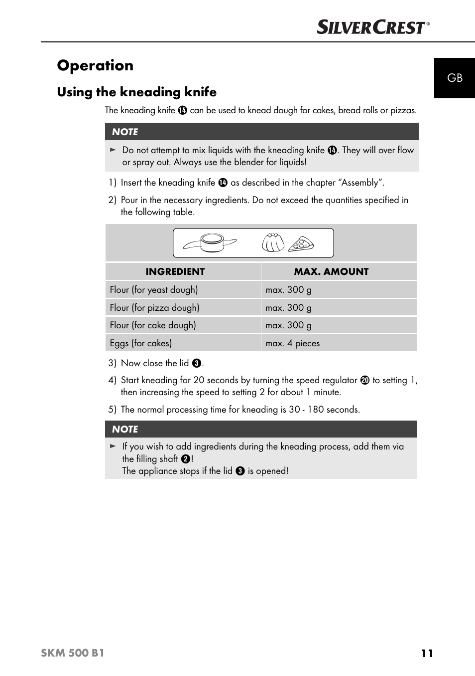 Operation, Using the kneading knife | Silvercrest SKM 500 B1 User Manual | Page 14 / 193