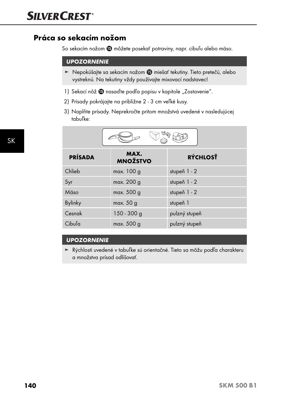 Práca so sekacím nožom | Silvercrest SKM 500 B1 User Manual | Page 143 / 193