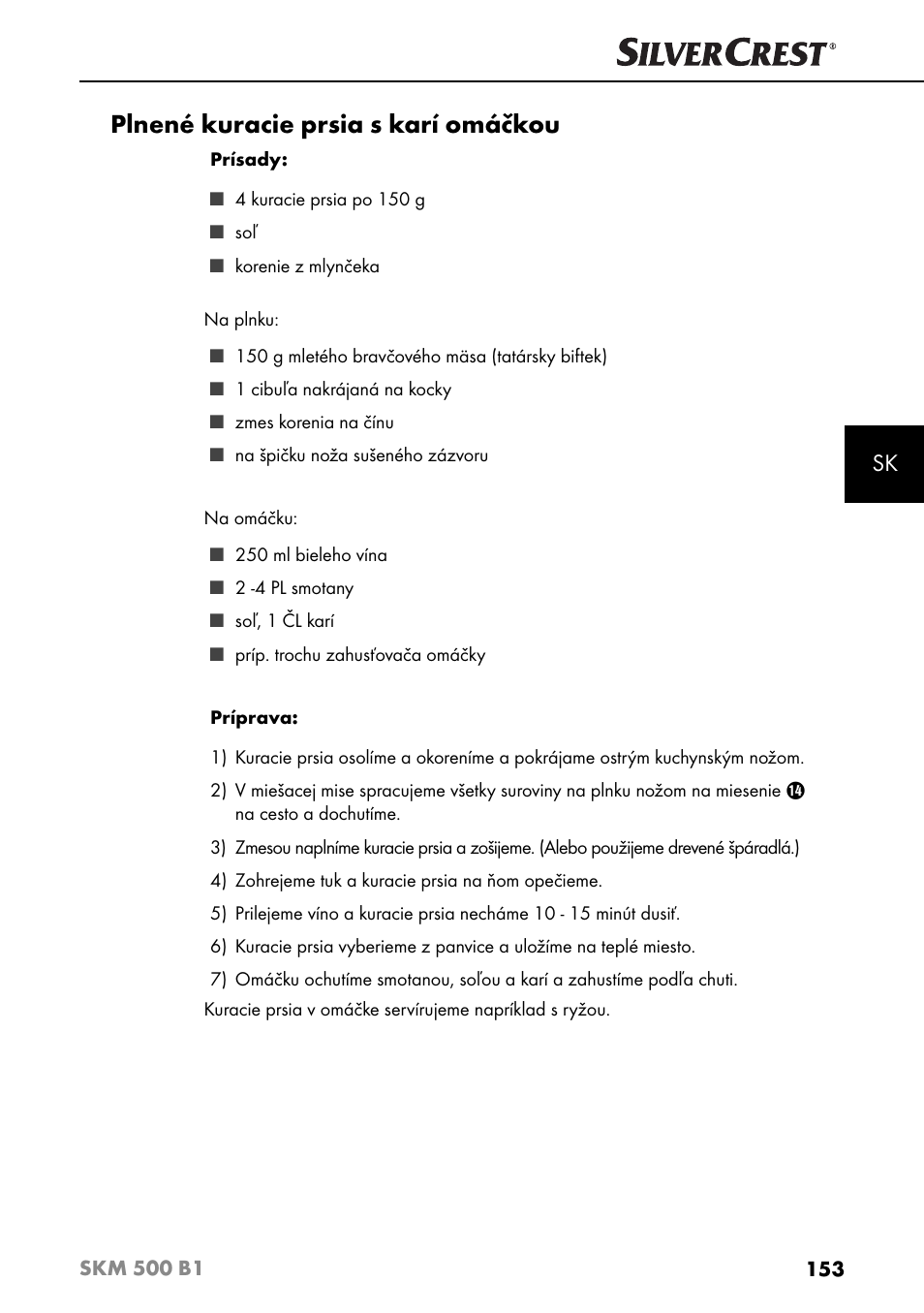 Plnené kuracie prsia s karí omáčkou | Silvercrest SKM 500 B1 User Manual | Page 156 / 193