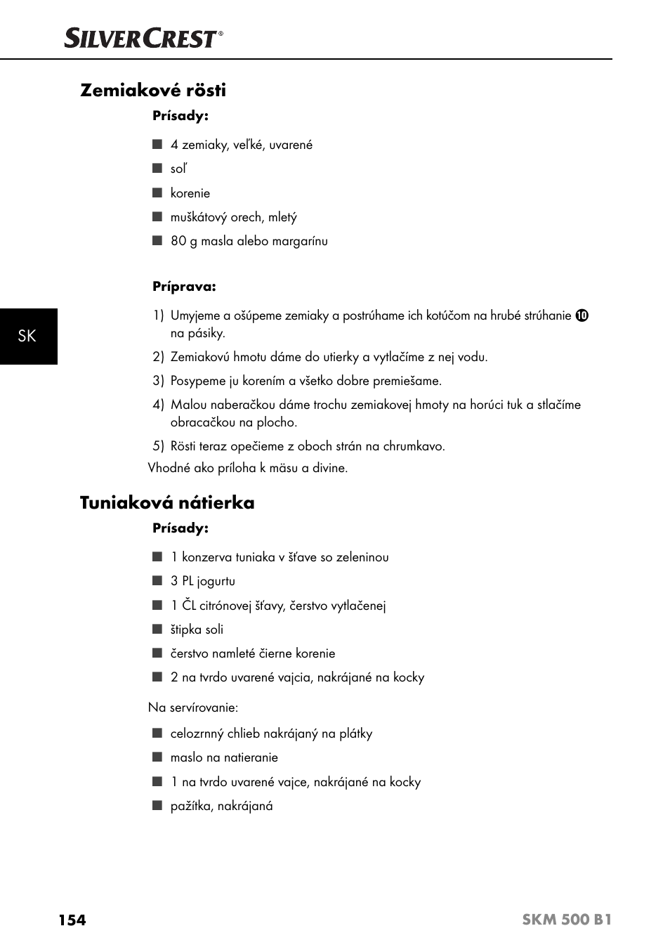 Zemiakové rösti, Tuniaková nátierka | Silvercrest SKM 500 B1 User Manual | Page 157 / 193