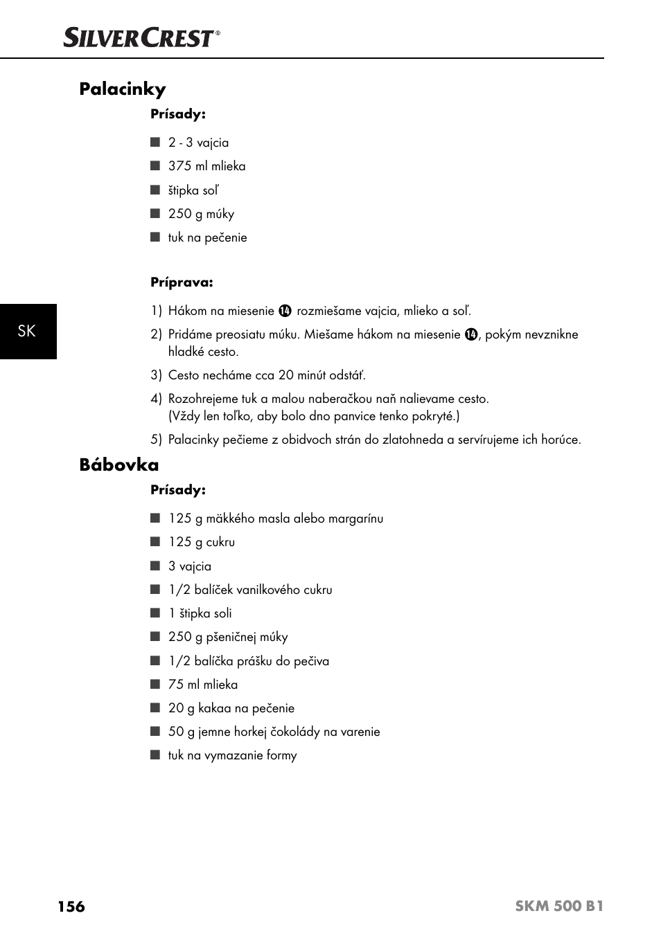 Palacinky, Bábovka | Silvercrest SKM 500 B1 User Manual | Page 159 / 193