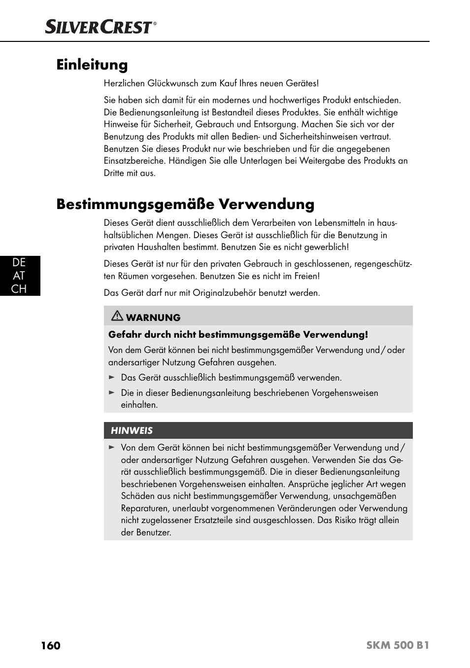 Einleitung, Bestimmungsgemäße verwendung, De at ch | Silvercrest SKM 500 B1 User Manual | Page 163 / 193