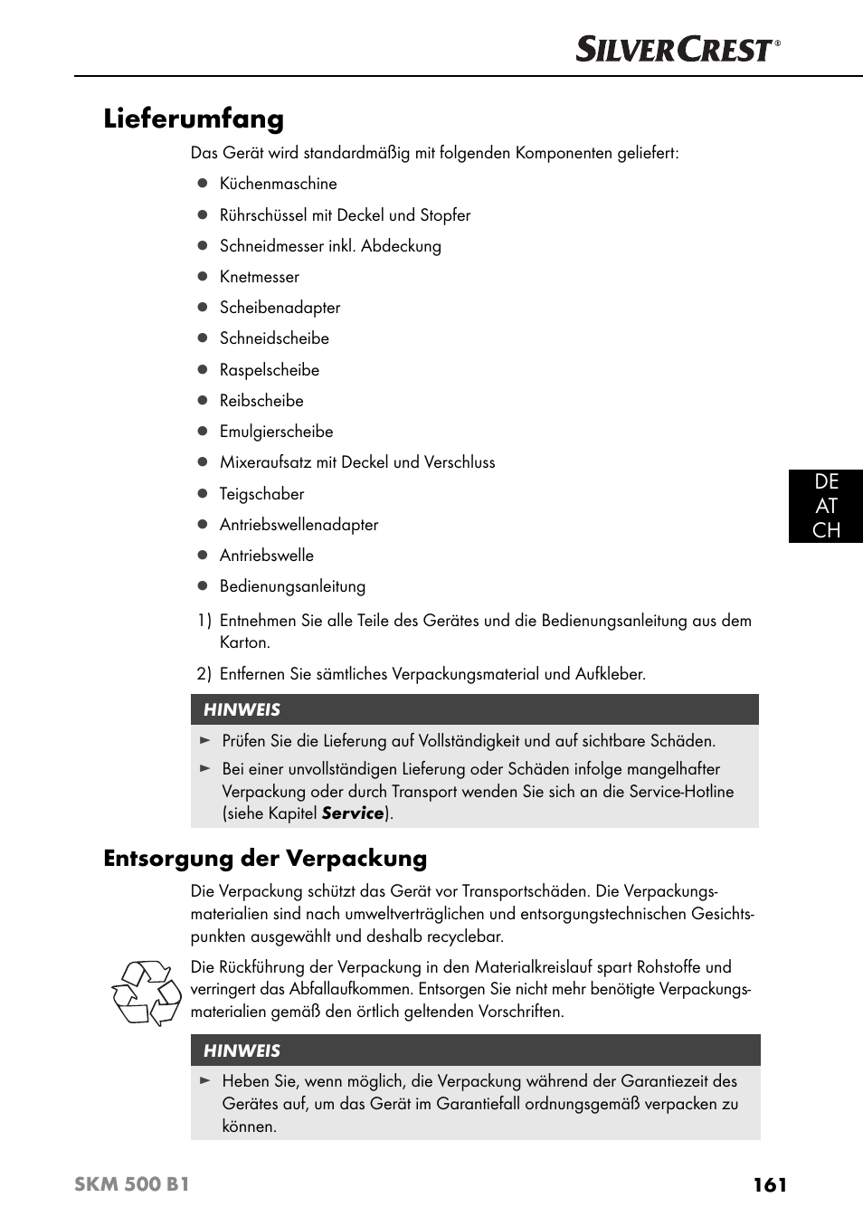 Lieferumfang, Entsorgung der verpackung, De at ch | Silvercrest SKM 500 B1 User Manual | Page 164 / 193