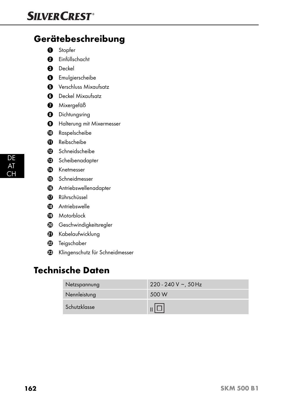 Gerätebeschreibung, Technische daten, De at ch | Silvercrest SKM 500 B1 User Manual | Page 165 / 193