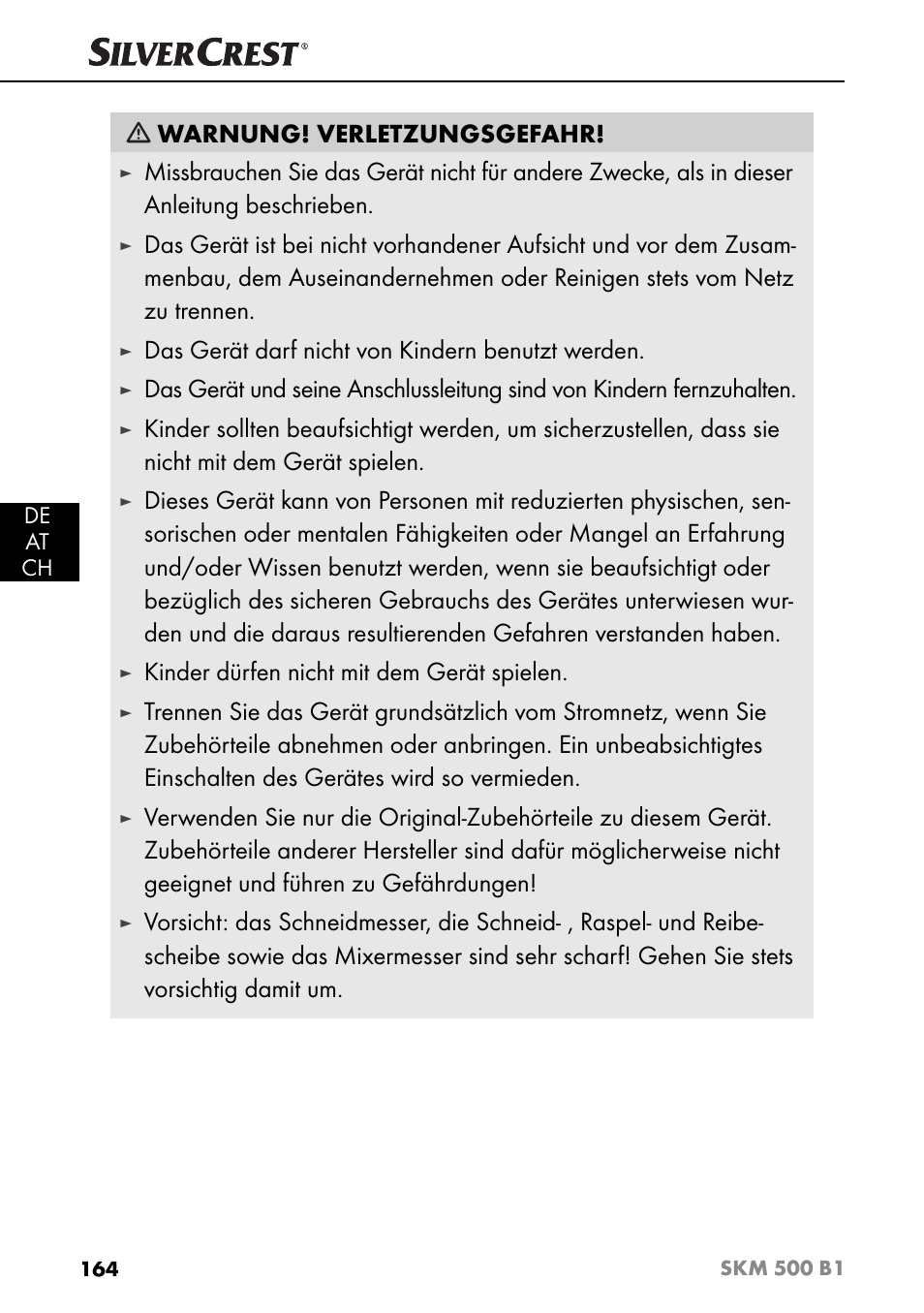 Warnung! verletzungsgefahr, Das gerät darf nicht von kindern benutzt werden, Kinder dürfen nicht mit dem gerät spielen | Silvercrest SKM 500 B1 User Manual | Page 167 / 193