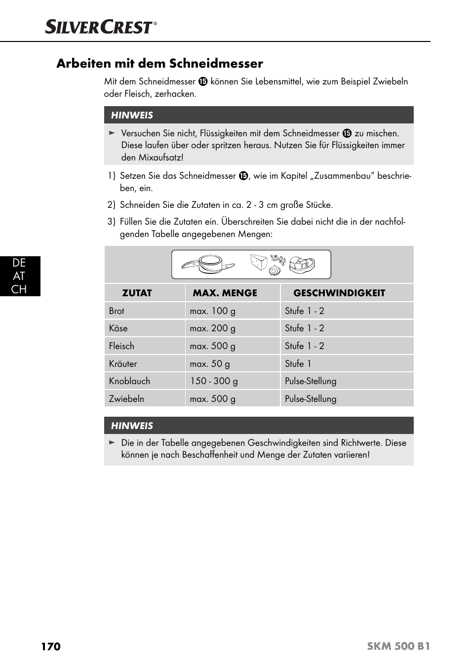 Arbeiten mit dem schneidmesser, De at ch | Silvercrest SKM 500 B1 User Manual | Page 173 / 193