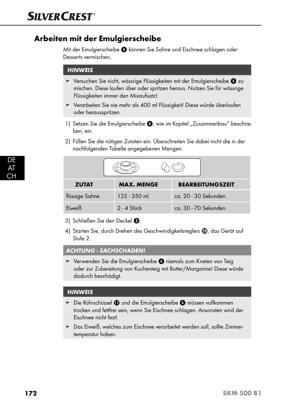 Arbeiten mit der emulgierscheibe, De at ch | Silvercrest SKM 500 B1 User Manual | Page 175 / 193