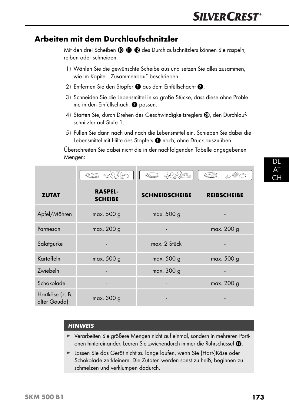 Arbeiten mit dem durchlaufschnitzler, De at ch | Silvercrest SKM 500 B1 User Manual | Page 176 / 193