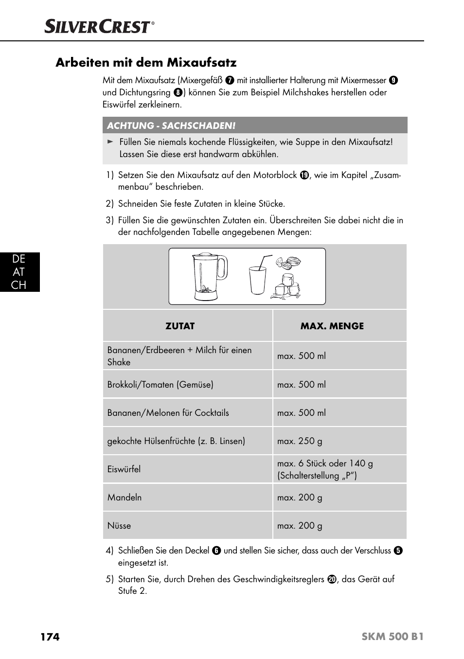 Arbeiten mit dem mixaufsatz, De at ch | Silvercrest SKM 500 B1 User Manual | Page 177 / 193