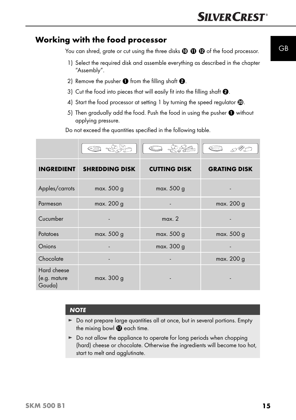 Working with the food processor | Silvercrest SKM 500 B1 User Manual | Page 18 / 193