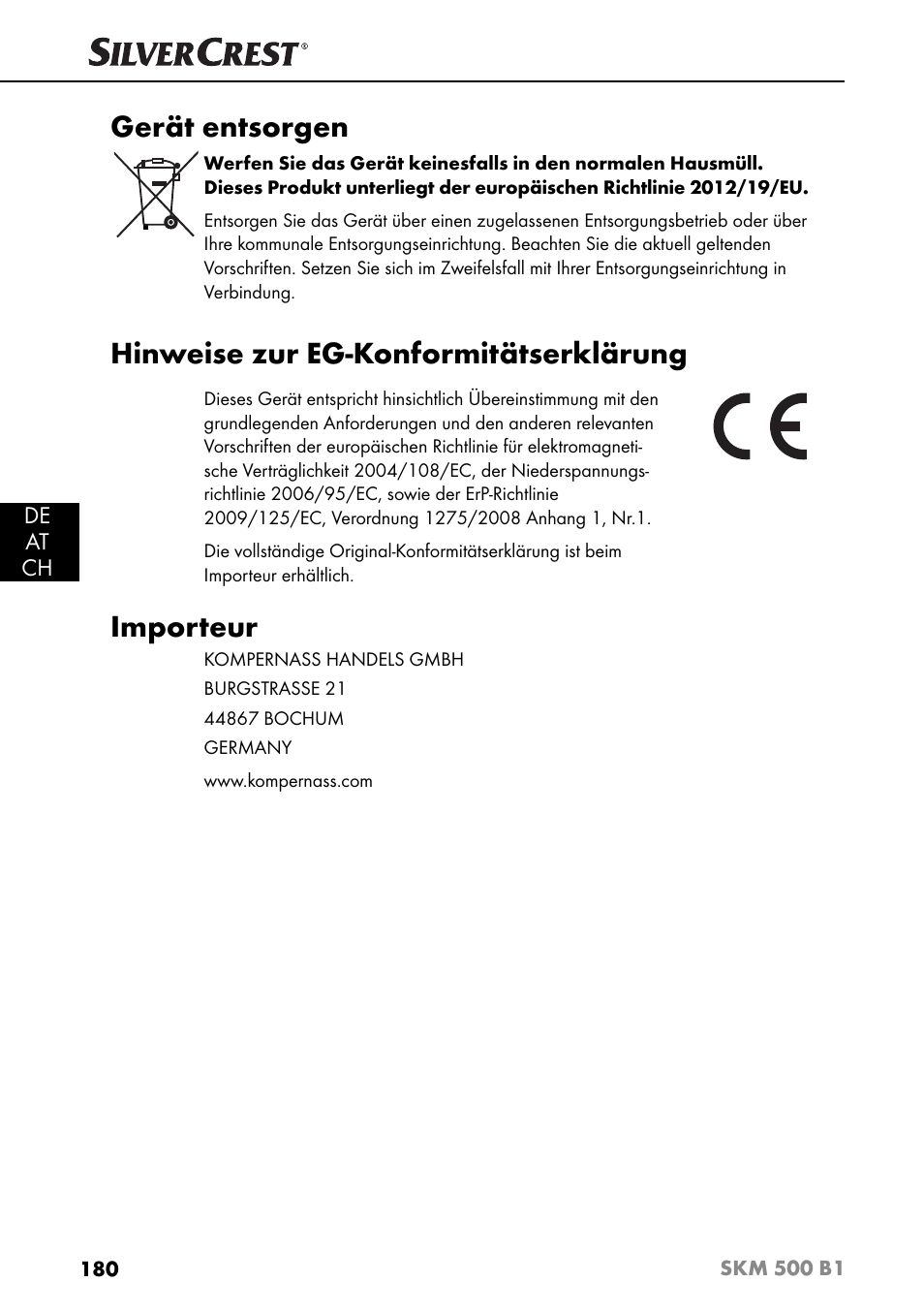 Gerät entsorgen, Hinweise zur eg-konformitätserklärung, Importeur | Silvercrest SKM 500 B1 User Manual | Page 183 / 193