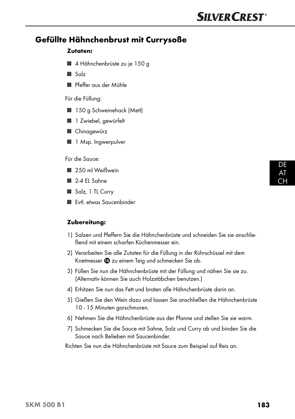 Gefüllte hähnchenbrust mit currysoße, De at ch | Silvercrest SKM 500 B1 User Manual | Page 186 / 193