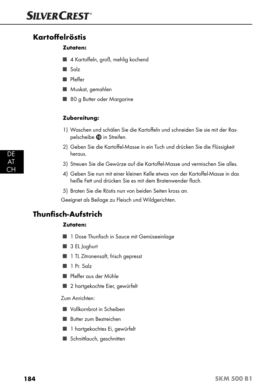 Kartoﬀ elröstis, Thunﬁ sch-aufstrich, De at ch | Silvercrest SKM 500 B1 User Manual | Page 187 / 193