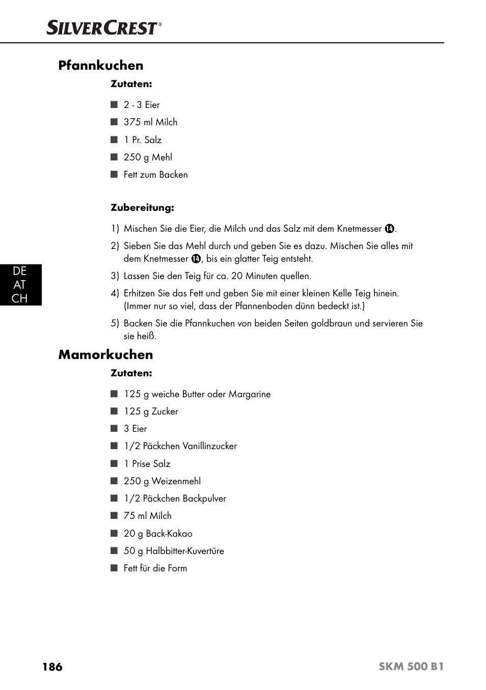 Pfannkuchen, Mamorkuchen, De at ch | Silvercrest SKM 500 B1 User Manual | Page 189 / 193