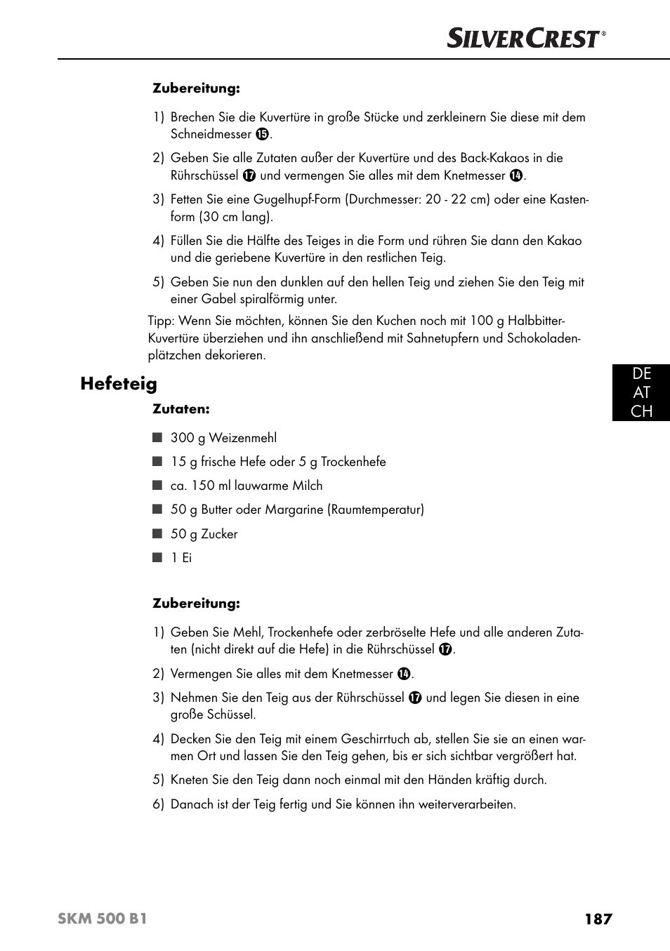 Hefeteig, De at ch | Silvercrest SKM 500 B1 User Manual | Page 190 / 193