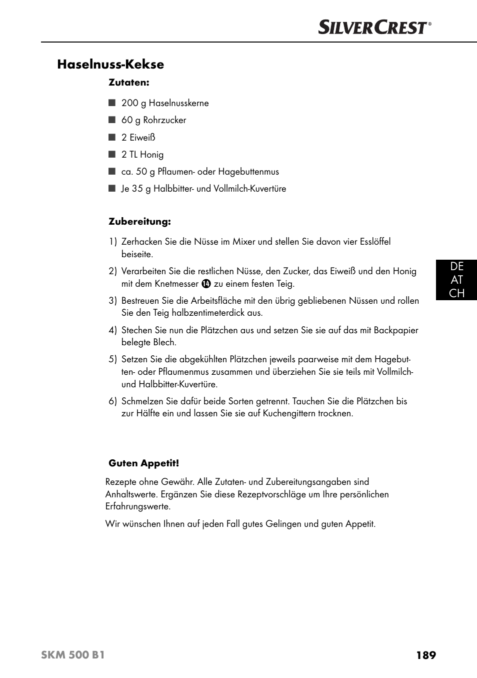 Haselnuss-kekse, De at ch | Silvercrest SKM 500 B1 User Manual | Page 192 / 193