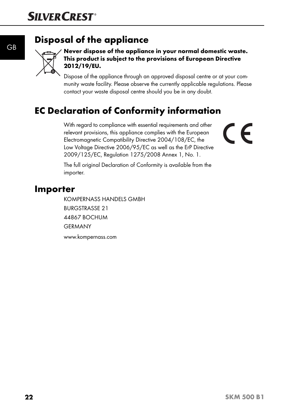 Disposal of the appliance, Ec declaration of conformity information, Importer | Silvercrest SKM 500 B1 User Manual | Page 25 / 193