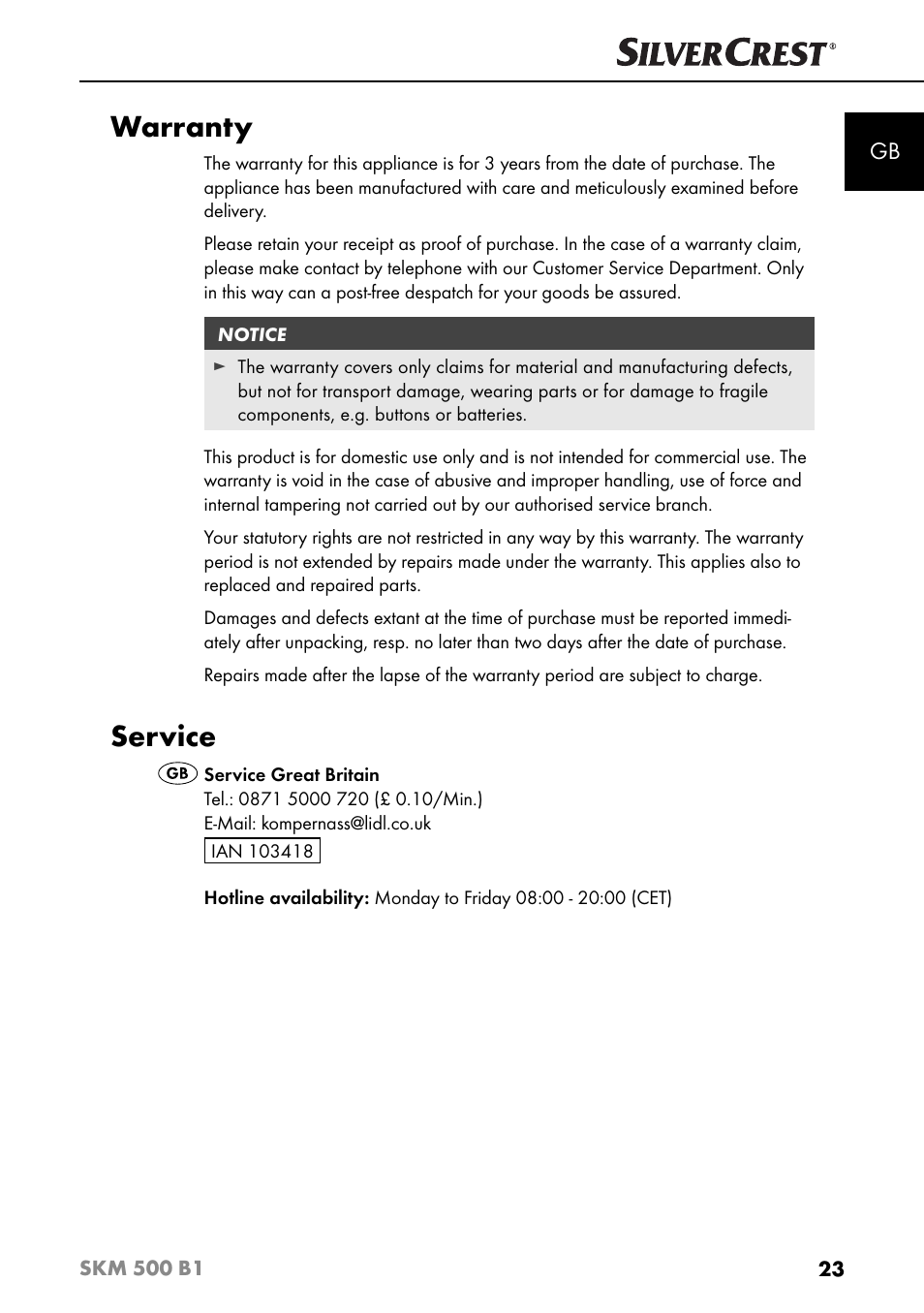 Warranty, Service | Silvercrest SKM 500 B1 User Manual | Page 26 / 193