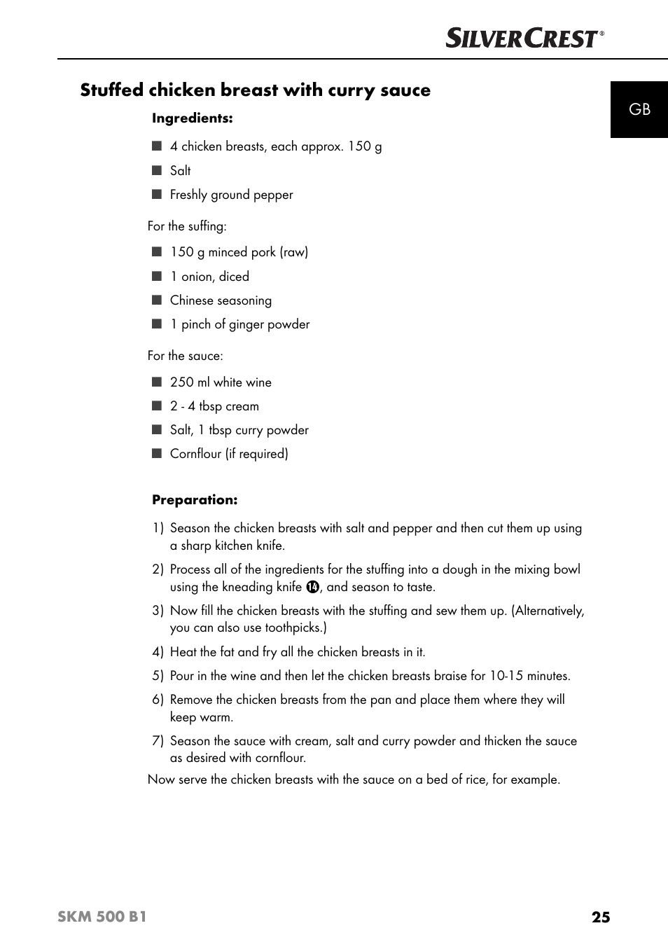 Stuﬀ ed chicken breast with curry sauce | Silvercrest SKM 500 B1 User Manual | Page 28 / 193