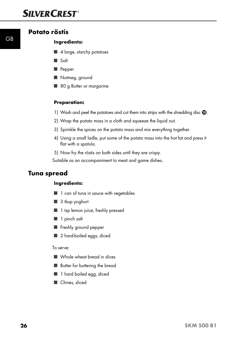 Potato röstis, Tuna spread | Silvercrest SKM 500 B1 User Manual | Page 29 / 193