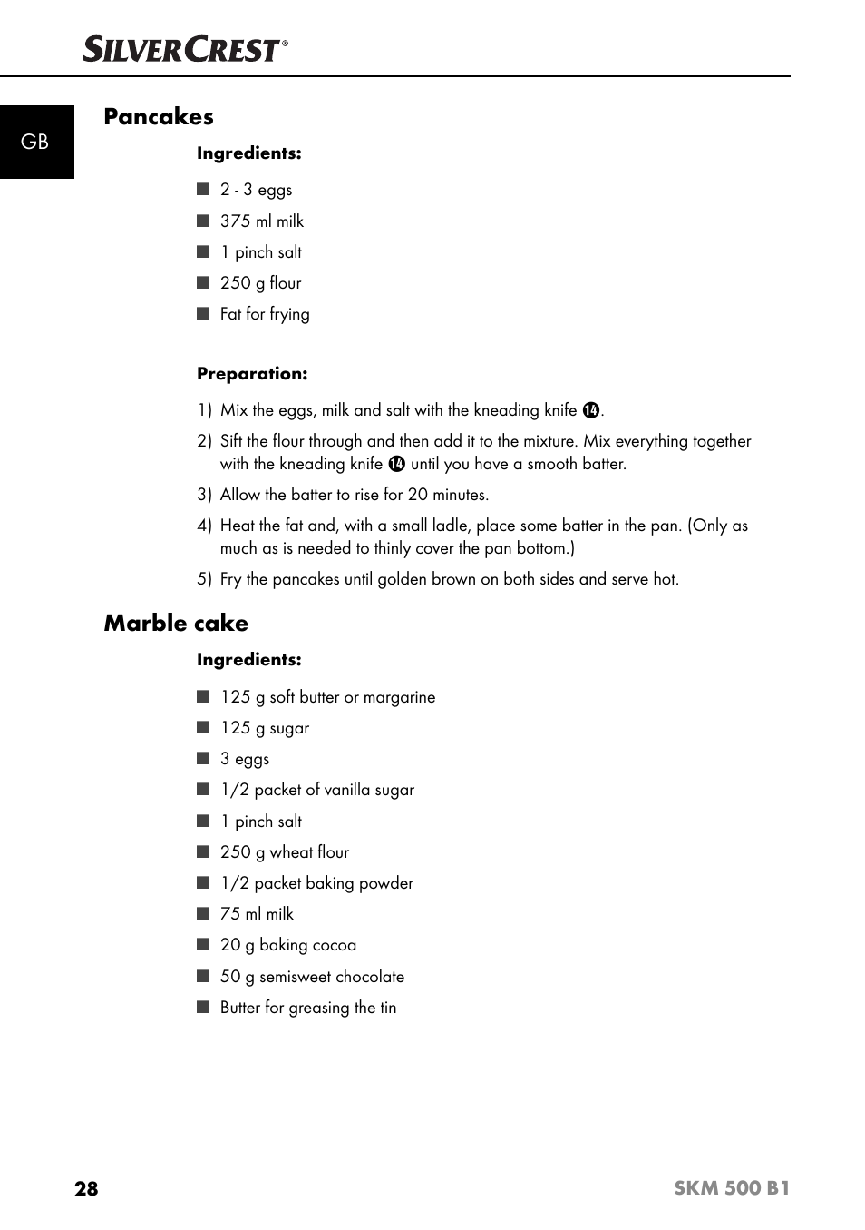 Pancakes, Marble cake | Silvercrest SKM 500 B1 User Manual | Page 31 / 193