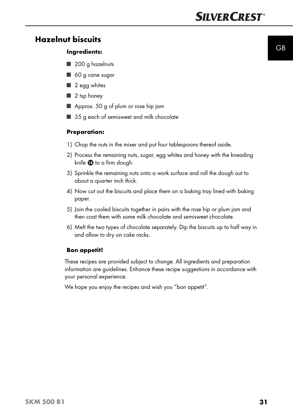 Hazelnut biscuits | Silvercrest SKM 500 B1 User Manual | Page 34 / 193